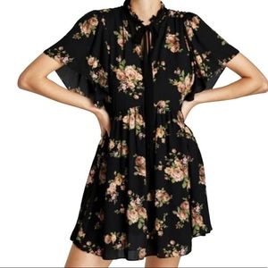 Floral black mini dress with necktie